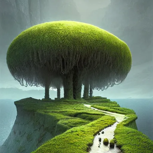 Prompt: digital art of a lush natural scene on an alien planet by michal klimczak ( shume ). extremely detailed. science fiction. beautiful landscape. weird vegetation. cliffs and water.