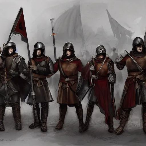 Image similar to realistic, 5 medieval soldiers, in line, pikes, hellbards, banner, flag, mist, up facing, epic, digital art, illustration, fantasy, realistic sketch, dark