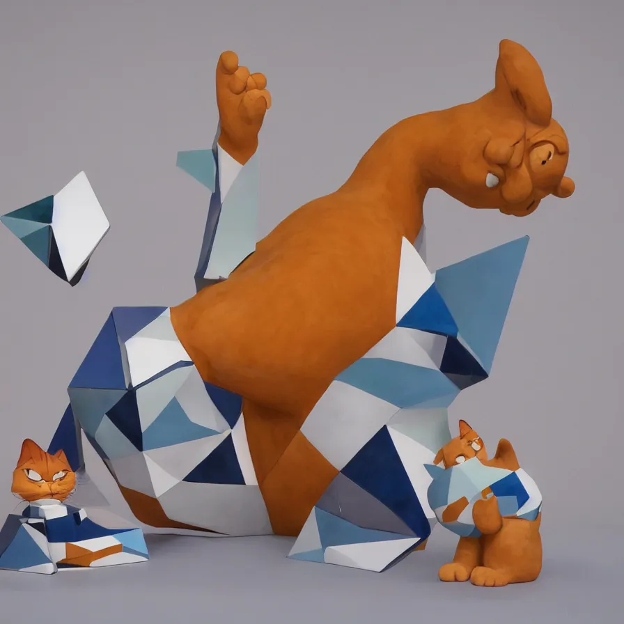 Image similar to beautiful gallery show studio photograph of a giant realistic geometric ceramic sculpture of garfield and nermal cat!!!!, heavily glazed by bridget riley and victor vasarely, placed on a polished wooden table, colorful hyperrealism 8 k trending on artstation