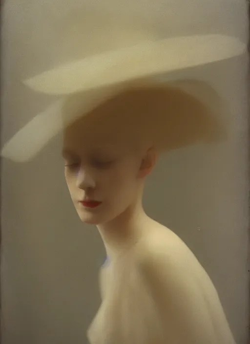 Image similar to out of focus photorealistic portrait of a beautiful pale young woman by sarah moon, very blurry, translucent white skin, closed eyes, foggy, closeup, with a weird hat