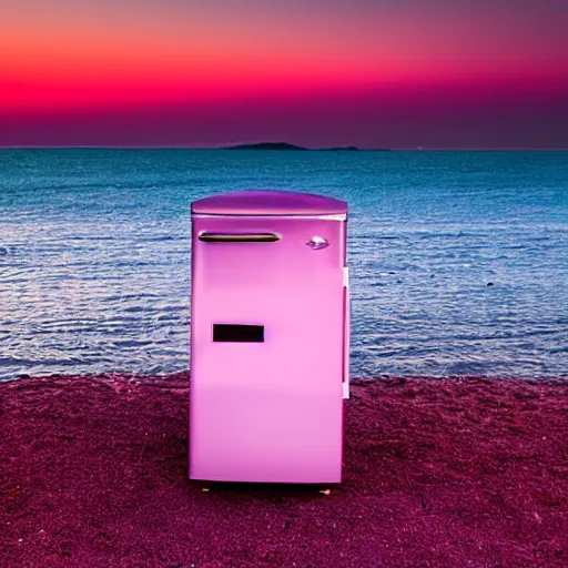 Image similar to purple refrigerator on red beach with nebula sunset