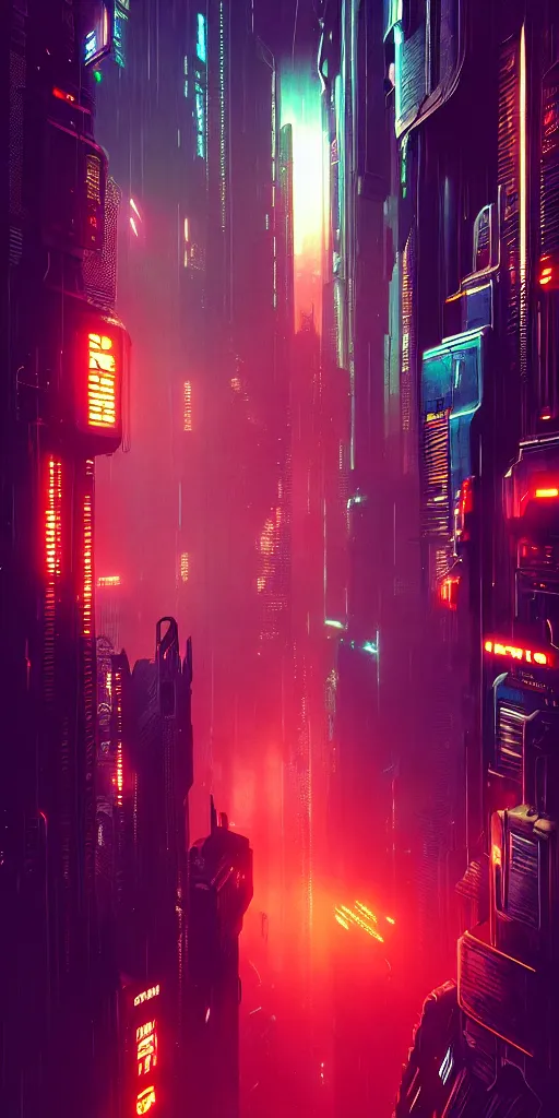 Image similar to epic cyberpunk cityscape : : blade runner, james guilleard, beeple, laurie greasley, dan mcpharlin : : ornate, dynamic, particulate, rich colors, intricate, elegant, highly detailed, centered, artstation, smooth, sharp focus, octane render, 3 d