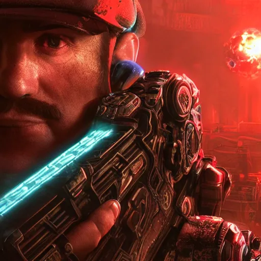 Image similar to super mario in gears of war, splash art, movie still, cinematic lighting, glowing, neon light, ray tracing, octane render, long lens, shallow depth of field, bokeh, anamorphic lens flare, 8 k, hyper detailed, 3 5 mm film grain