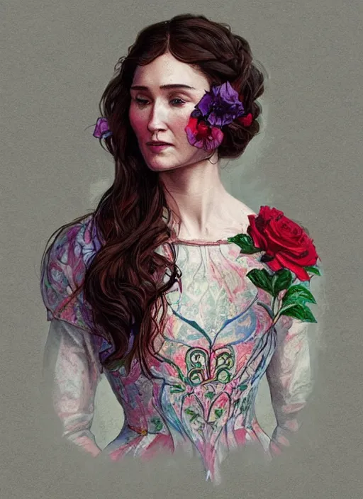 Prompt: [ young ] carice van houten wearing a dress made from stained glass in the design of a rose. painting by artgerm and greg rutkowski and ilya kuvshinov