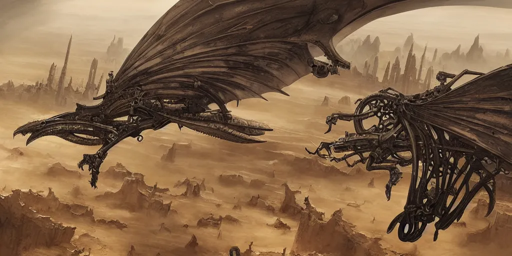 Image similar to giger steampunk wyvern flying over huge desert city, in style of federico pelat greg rutkowski