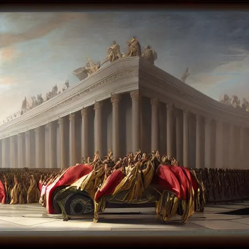 Image similar to sci fi car transport design organic smooth elastic forms 30% of canvas; wall structure in the coronation of napoleon painting 40% of canvas; by Jacques-Louis David, pinterest keyshot product render, cloudy plastic ceramic material shiny gloss water reflections, ultra high detail ultra realism, 4k