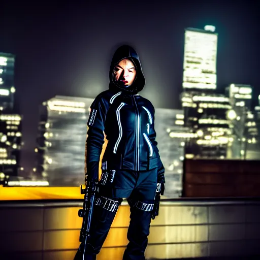 Image similar to photographic portrait of a techwear woman holding a bullet up to the camera, closeup, on the rooftop of a futuristic city at night, sigma 85mm f/1.4, 4k, depth of field, high resolution, full color, award winning photography, inspired by Kill Bill, inspired by John Wick, inspired by Die Hard, movies with guns, movie firearms
