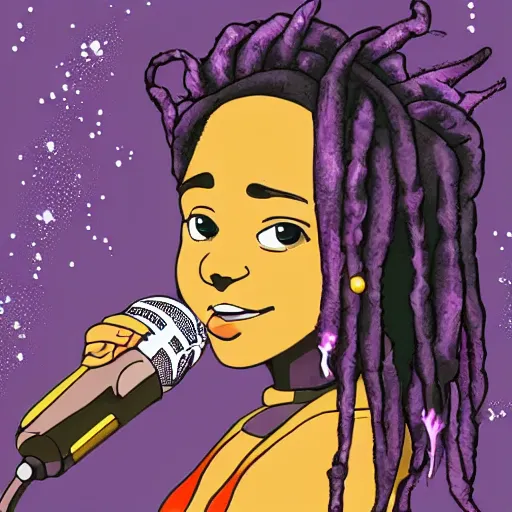 Image similar to black woman with purple dreads with a microphone in space in the style of ghibli