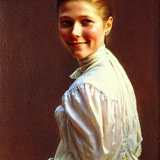 Prompt: Young gwyneth paltrow in a victorian blouse, vintage shading, by Ilya Repin