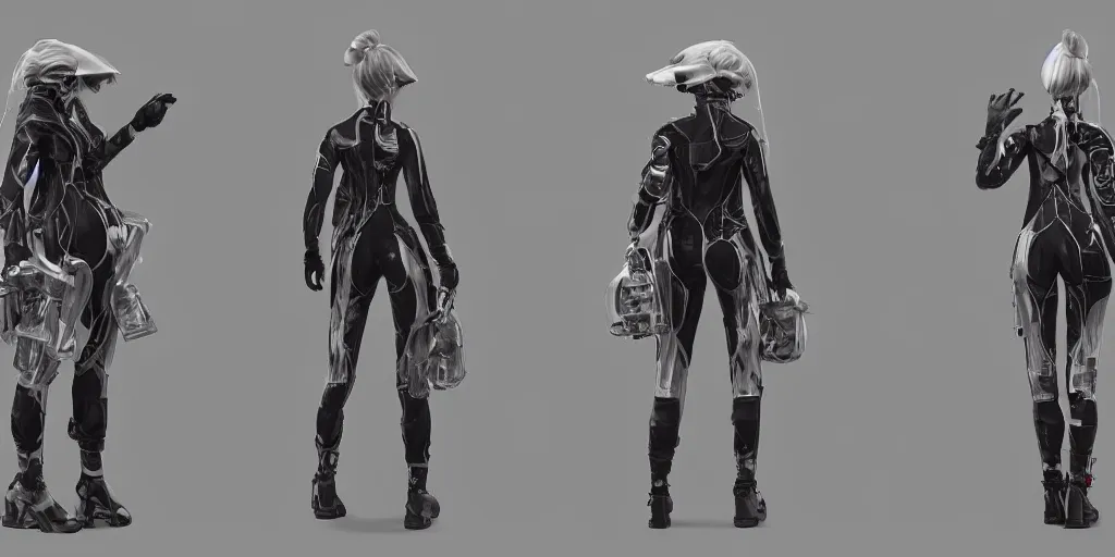 Prompt: Front and back view of a woman in scientist jacket with a system of straps and pouches for collecting material by Tetsuya Nomura with Ralph Horsley and Mario Testino, trending on artstation and pixiv clean sci-fi concept art and sheet that using unreal engine 5 render and hyper detailed 3D texture with cinematic software light