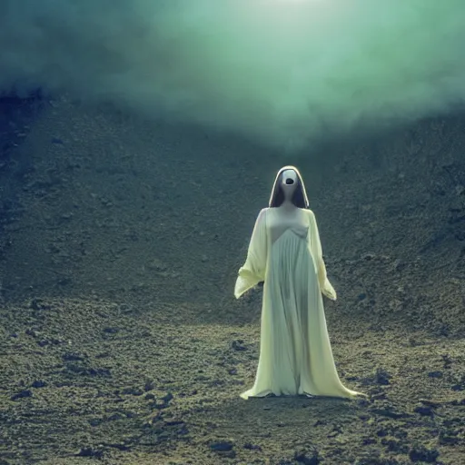 Prompt: levitating beautiful pale woman with white flowers and full - face golden mask inside a thick black smoke in rocky desert landscape, glowing eyes everywhere, dey earth by gaspar noe and christopher doyle, anamorphic lens, anamorphic lens flares, kodakchrome, cinematic composition, practical effects, award winning photo, 8 k