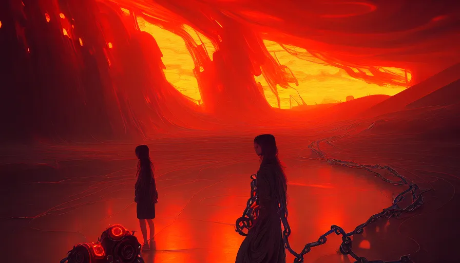 Image similar to moody portrait of a vast flaming robotic hellscape full of robotic chains and fite, path traced, environment, highly detailed, high quality, digital painting, alena aenami, lilia alvarado, shinji aramaki, karol bak, alphonse mucha, tom bagshaw