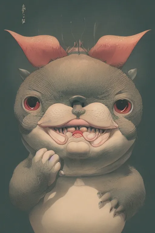 Image similar to a portrait of a fatty cute japanese devil animal illustrated by miyazaki by karol bak, james jean, tom bagshaw, rococo, sharp focus, trending on artstation, cinematic lighting, hyper realism, octane render, 8 k, hyper detailed, vivid, ultra detailed, highly detailed