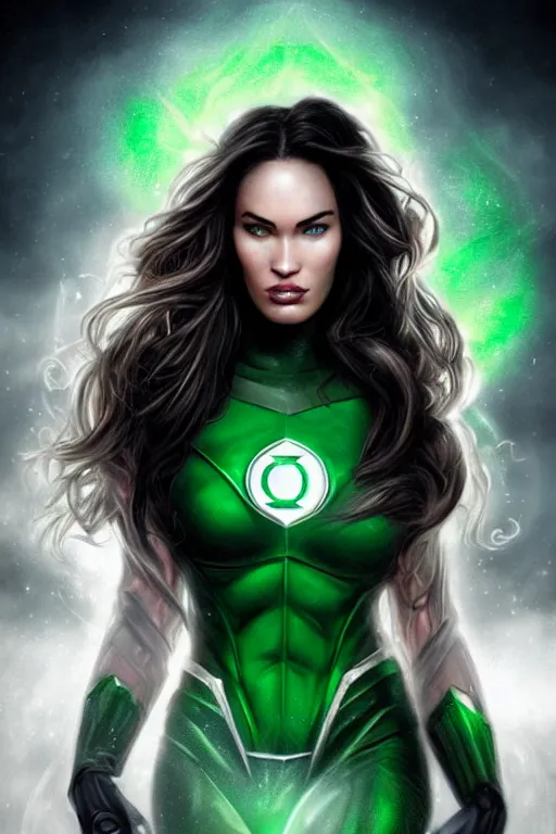 Image similar to majestic and regal portrait of megan fox female green lantern, dc universe, perfect face, beautiful, intricate, epic, elegant, fantasy, highly detailed, digital painting, hard focus, beautiful volumetric lighting, epic light, ultra detailed, by leesha hannigan, ross tran, thierry doizon, kai carpenter, ignacio fernandez rios