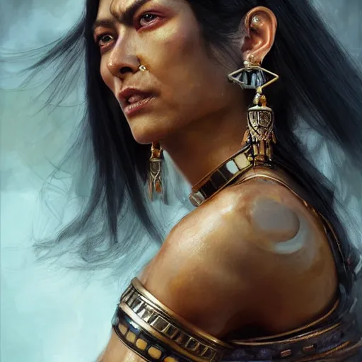 Image similar to detailed oil portrait of tall muscular bronze - skinned warrior woman with shining silver eyes, with long flowing black hair and big gold earrings, jewelry, makeup, feminine, volumetric lighting, dynamic composition, art by sachin teng and sergey kolesov and ruan jia and heng z, scifi, concept art