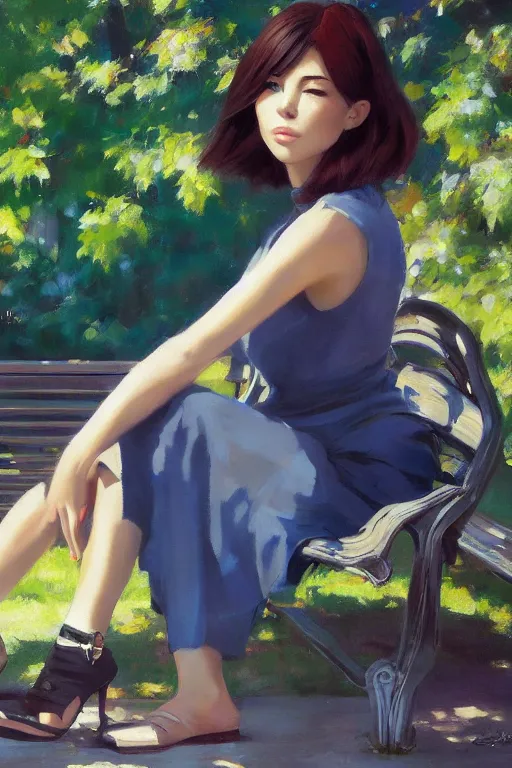 Image similar to A ultradetailed beautiful panting of a stylish woman siting on a park bench, Oil painting, by Ilya Kuvshinov, Greg Rutkowski and Makoto Shinkai