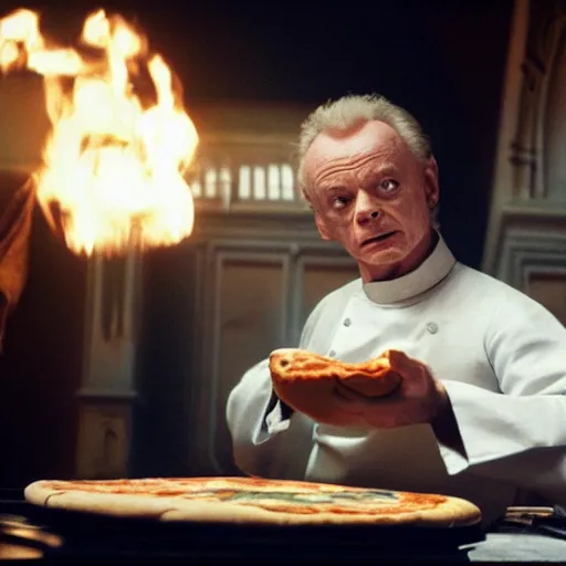 Image similar to A still of Ian McDiarmid as Emperor Palptine making a pizza, 4k, photograph, ultra realistic, highly detailed, professional lighting