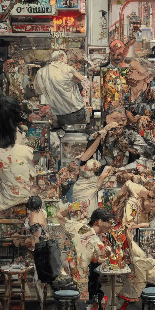 Image similar to oil painting scene from amusement arcade by kim jung gi