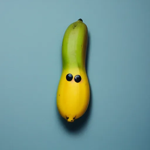 Image similar to Professional photograph of a peeled banana with small dot eyes and a duck beak. A banana duck. Banana that looks like a duck.