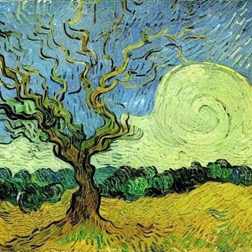 Prompt: This painting has such a feeling of peace and serenity. The tree is so still and calm, despite the wind blowing around it. The moonlight casts a soft glow over everything and the starts seem to be winking at you... by Van Gogh
