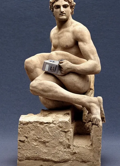 Prompt: Greek statue of a sitting man holding a Playstation controller, extremely detailed