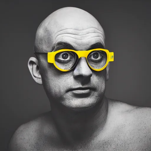 Prompt: portrait photo of a bald wrinkly yellow man with stubble wearing thick round goggles and big hazel eyes, he looks like a human minion hybrid, moody lighting, realistic facial features, hyper detailed, crlear image, leica, 2 4 mm lens