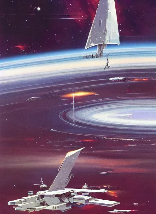 Image similar to understated. distant. negative space dominant. vast. empty. spacious bg. minimalistic piece. simplified environment. lonely cosmos. single ship as main subject. masterpiece book cover illustration by the great famous sci - fi artist john berkey.