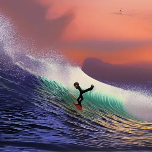 Image similar to barack obama surfing in rough surf with drink in hand, realistic, high detail, volumetric lighting, sunset