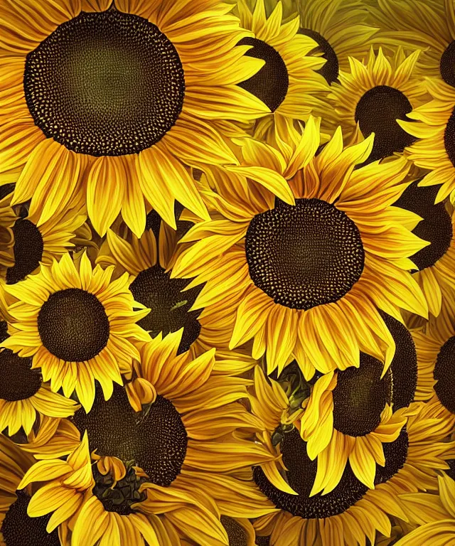 Image similar to perfectly detailed sunflowers, symmetrical, intricate, highly detailed, digital painting, smooth, sharp focus, illustration