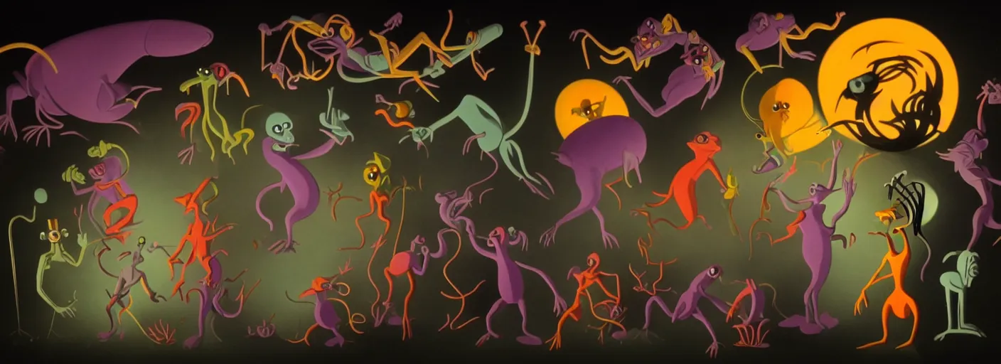 Image similar to whimsical creatures from the depths of the collective unconscious, dramatic lighting, surreal dark 3 0 s fleischer cartoon characters