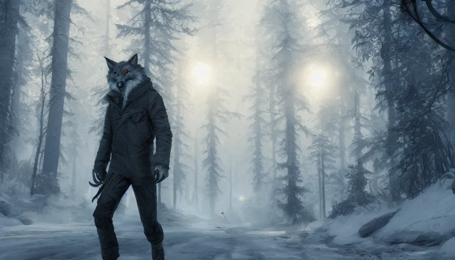 Image similar to silver fox with burning eyes walking on snow, forest, hyperdetailed, artstation, cgsociety, 8 k