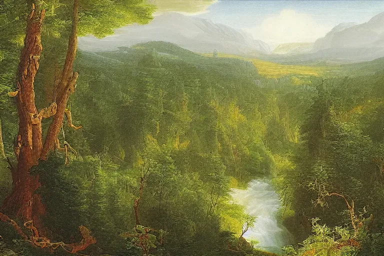 Image similar to top down view of lush pine forest, many witch houses, river flowing through the forest by thomas cole by justing gerard