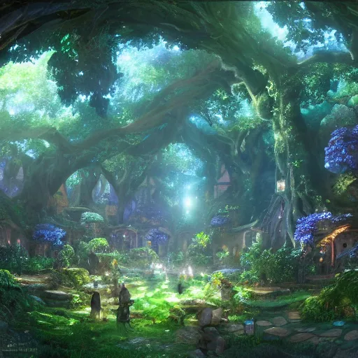 Prompt: Overgrown elf village inside a magical oak forest. High detailed oak branches full of small doors and windows. Rays of sunshine coming from above. Volumetric Lighting, Mystical, Hyperrealistic, Highly Detailed. Dramatic Lighting, sapphire color palette, Magical, Beautiful by Makoto Shinkai, Breath of the Wild, Gouache Matte Painting