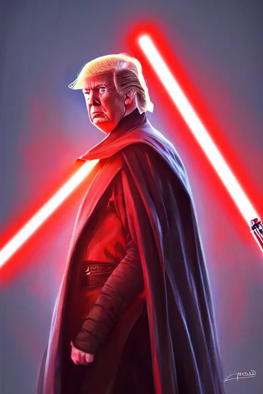 Image similar to Donald Trump as a Sith from Star Wars, red light saber, realistic portrait, symmetrical, highly detailed, digital painting, artstation, concept art, smooth, sharp focus, cinematic lighting, art by artgerm and greg rutkowski and alphonse mucha