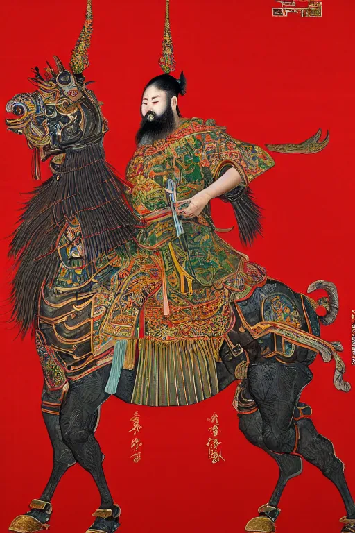 Image similar to A hyper realistic full body portrait of majestic guan yu stands in front of the red horse, defined features, by gu kaizhi, wu daozi, 8k, HD, gigapixel, portrait art, symmetrical composition, realistic proportions, ink and colored pigments on silk, sharpness applied, hyperrealism