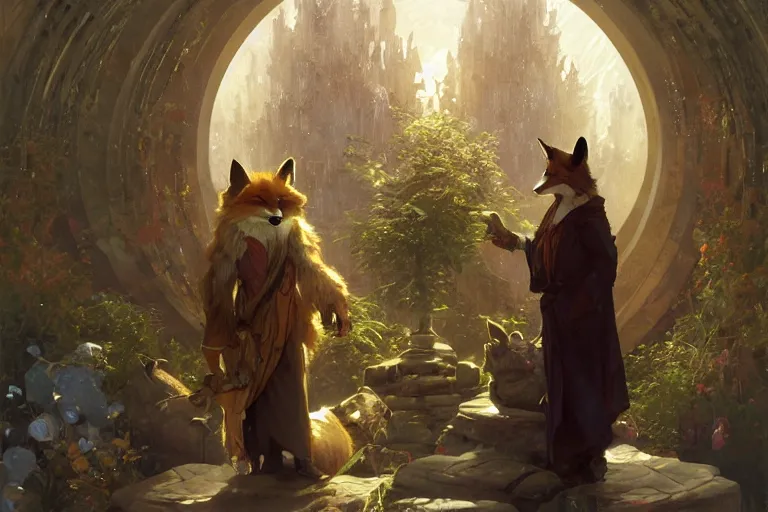 Prompt: an anthropomorphic fox wizard and his apprentice, wearing long flowing robes, in front of a magical gateway to another universe, illustration by greg rutkowski, thomas kindkade, alphonse mucha, loish, norman rockwell, artstation, furaffinity