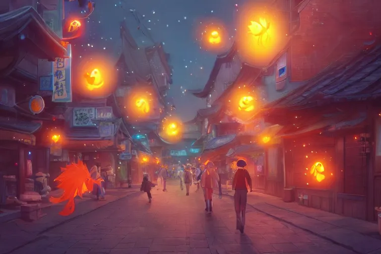 Image similar to fantasy art of glowing goldfish swimming in the air, in the streets of a japanese town at night, with people watching in wonder, by makoto shinkai, highly detailed digital art, trending on artstation