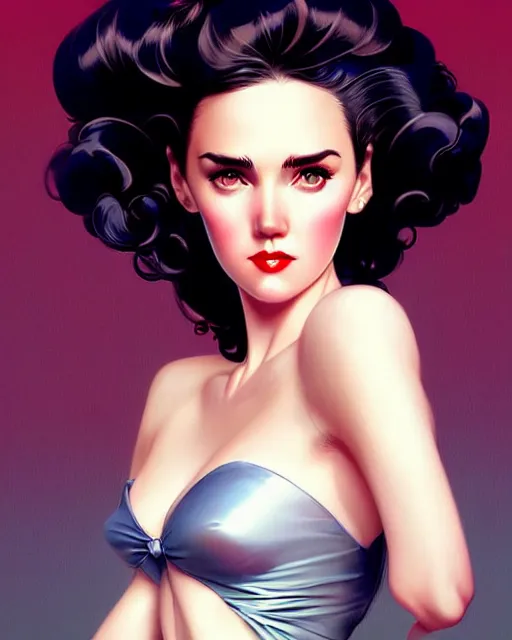 Image similar to a pin up and beautiful fashion charming dreamlke jennifer connelly, symmetrical face, symmetrical eyes, character art, art by artgerm lau and wlop and and ilya kuvshinov and john singer sargent, joshua middleton comic art