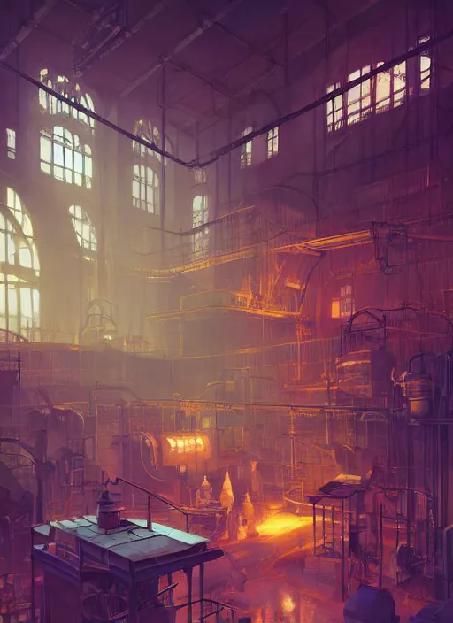 Prompt: beautiful interior of a steampunk factory, ross draws, james gilleard, delphin enjolras, goro fujita, makoto shinkai, paul lehr, volumetric lighting, octane render, very coherent, trending on artstation