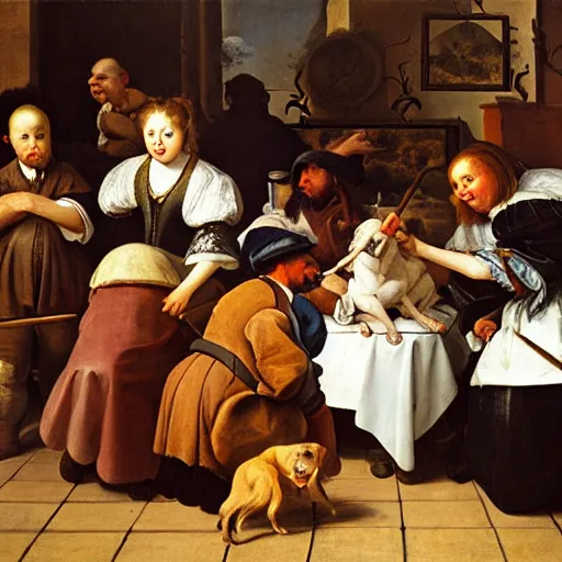 Image similar to a painting of a group of people and a dog, a flemish baroque by jan steen, trending on flickr, pre - raphaelitism, dutch golden age, flemish baroque, rococo