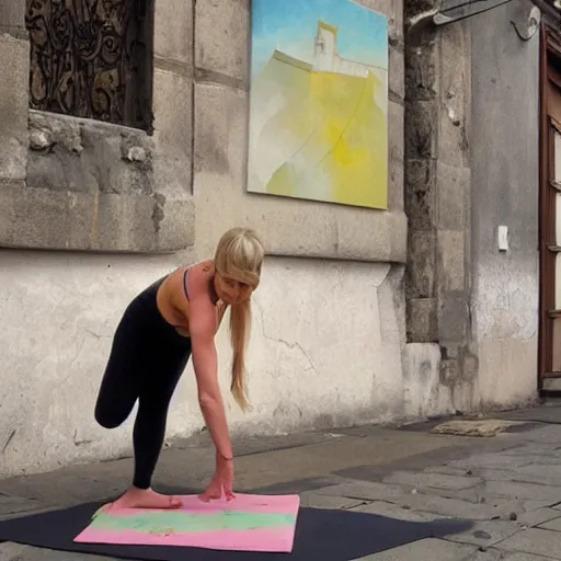 Image similar to a blonde woman in a yoga position selling paintings in Porto, greg rutkowski