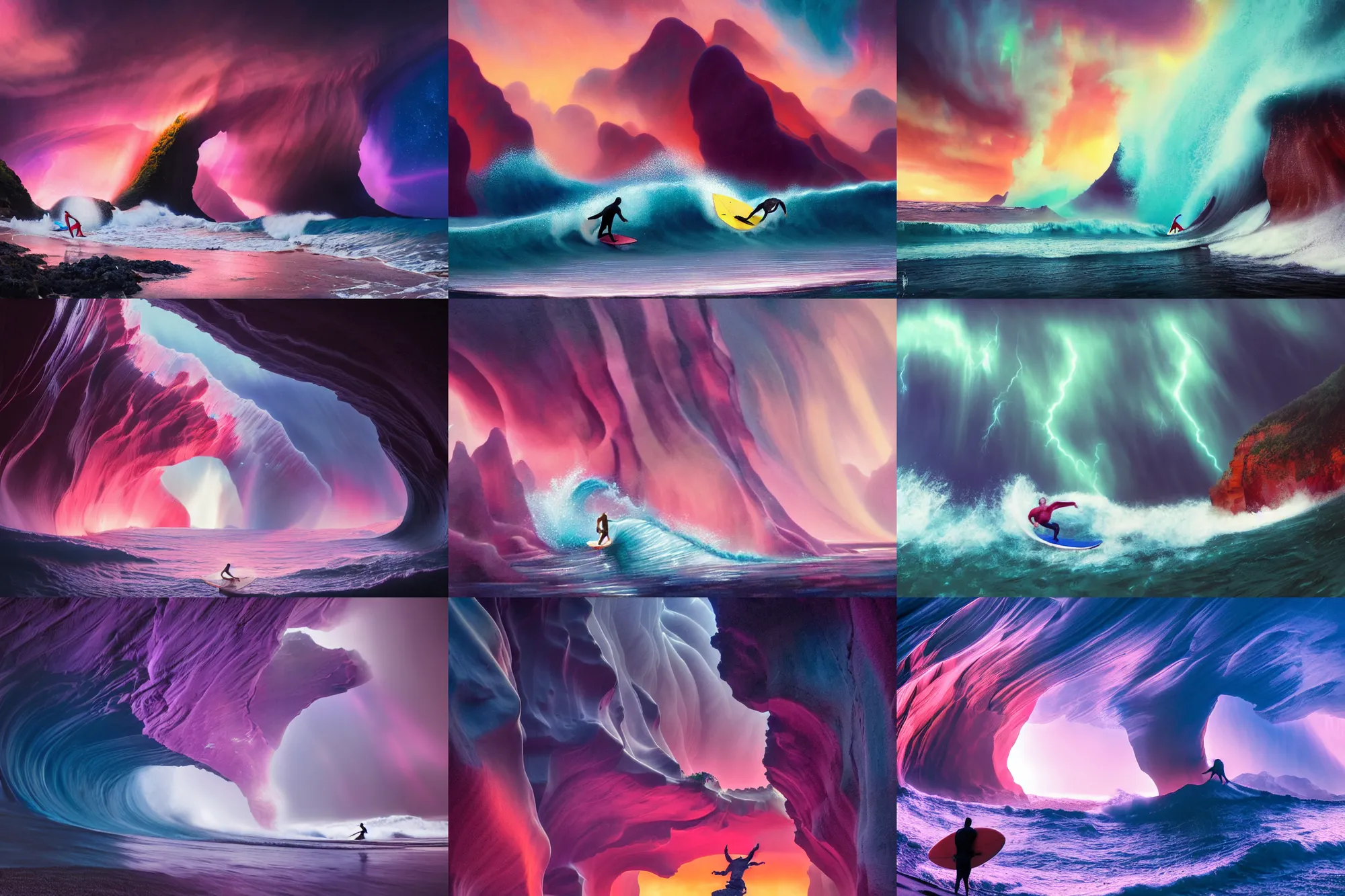 Prompt: man surfing byodo - in temple on holokalani black beach of maui in royal blue antelope canyon during sakura season on an interstellar aurora borealis with heavy thunder and lightning, pink waterfalls, passion flower, by peter mohrbacher, james jean, james gilleard, greg rutkowski, vincent di fate, rule of thirds, octane render, beautiful landscape