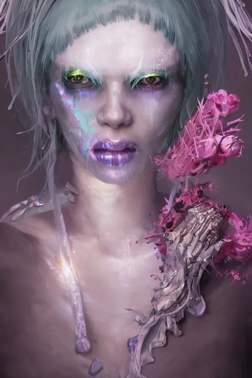 Image similar to ghost in the shell face closeup of beautiful girl necromancer, witch - doctor covered with crystals exploding into ice, 3 d render, hyper realistic detailed portrait, holding magic flowers, ruan jia, wlop. scifi, fantasy, hyper detailed, octane render, concept art, peter mohrbacher