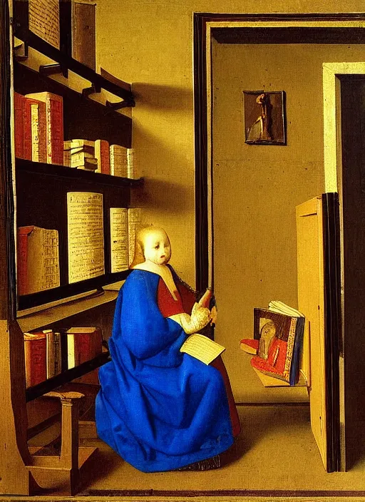 Image similar to bookshelf with books and children toys, medieval painting by jan van eyck, johannes vermeer, florence