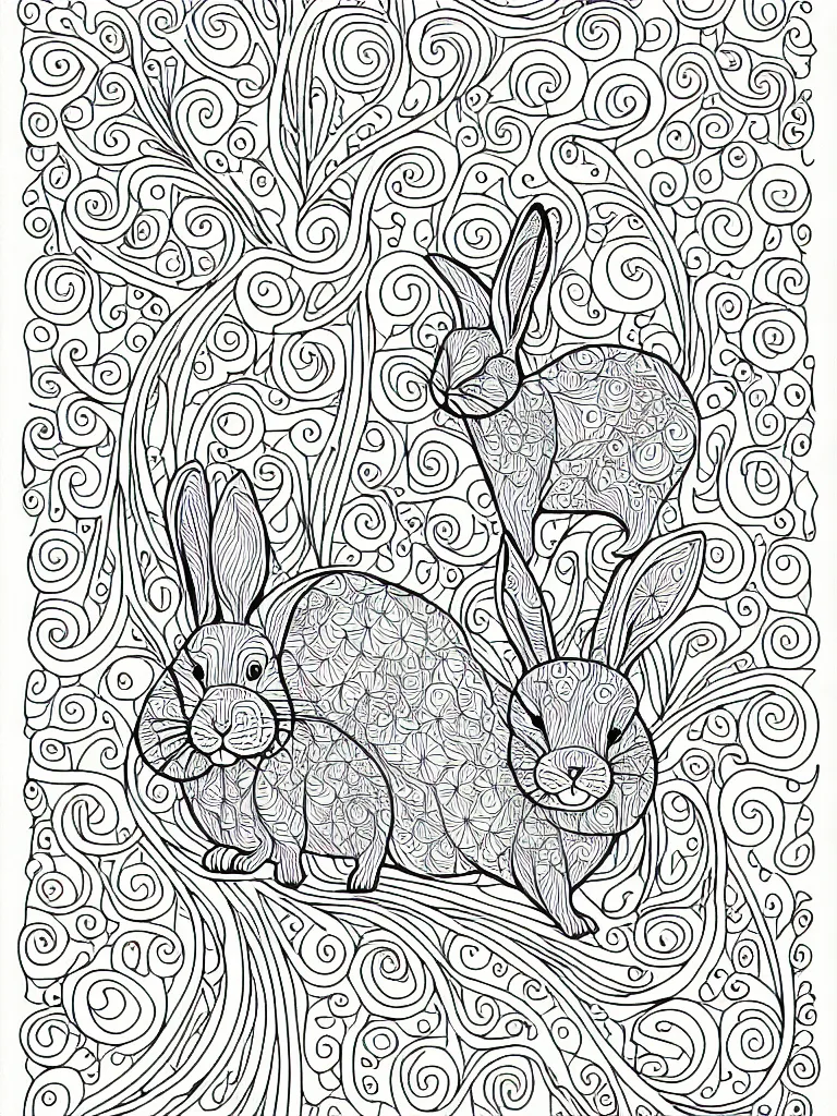 Prompt: beautiful rabbit, ornamental, fractal, line art, vector, outline, simplified, colouring page