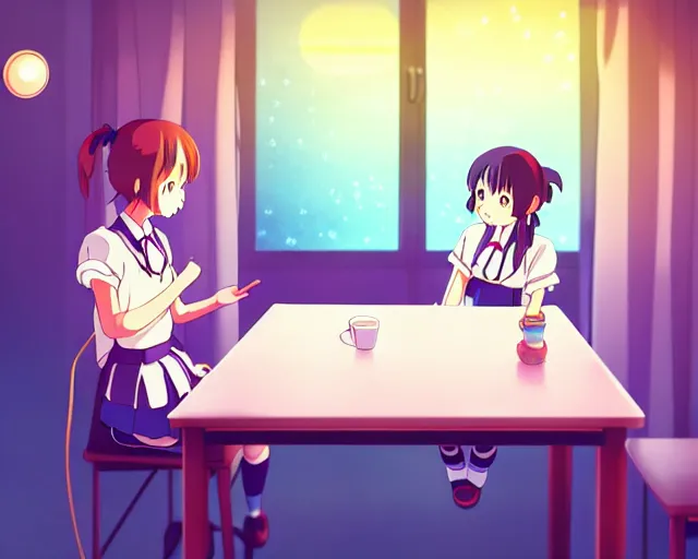 Prompt: anime fine details portrait of joyful school girl talk with robot in her room at the table, evening, lamp, lo-fi, open window, dark city landscape on the background deep bokeh, profile close-up view, anime masterpiece by Studio Ghibli. 8k, sharp high quality anime