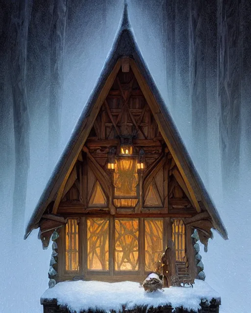 Image similar to symmetry!! a small cabin with a giant above it look hungry, dnd, intricate, elegant, highly detailed, digital painting, artstation, concept art, smooth, sharp focus, illustration, art by artgerm and greg rutkowski and alphonse mucha