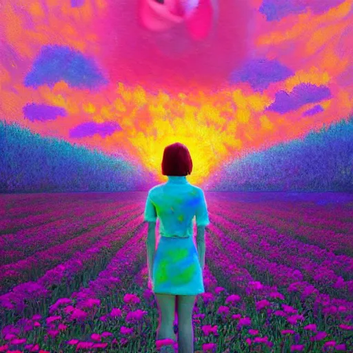 Image similar to large flower as a face, girl standing in a flower field, surreal photography, big trees, sunrise dramatic light, impressionist painting, colorful clouds, digital painting, pointillism, artstation, simon stalenhag