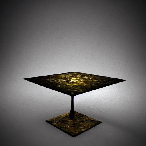 Image similar to alchemy table natural environment, dark 3 d render, reflective