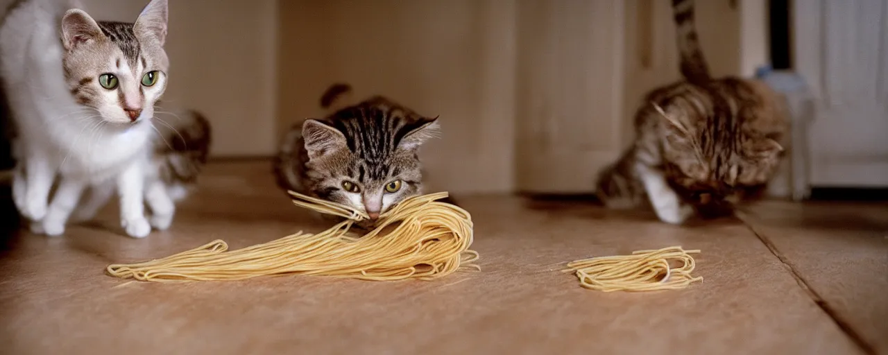 Image similar to 1 single cat playing with spaghetti in an apartment, small details, intricate, sharply focused, canon 5 0 mm, wes anderson film, kodachrome